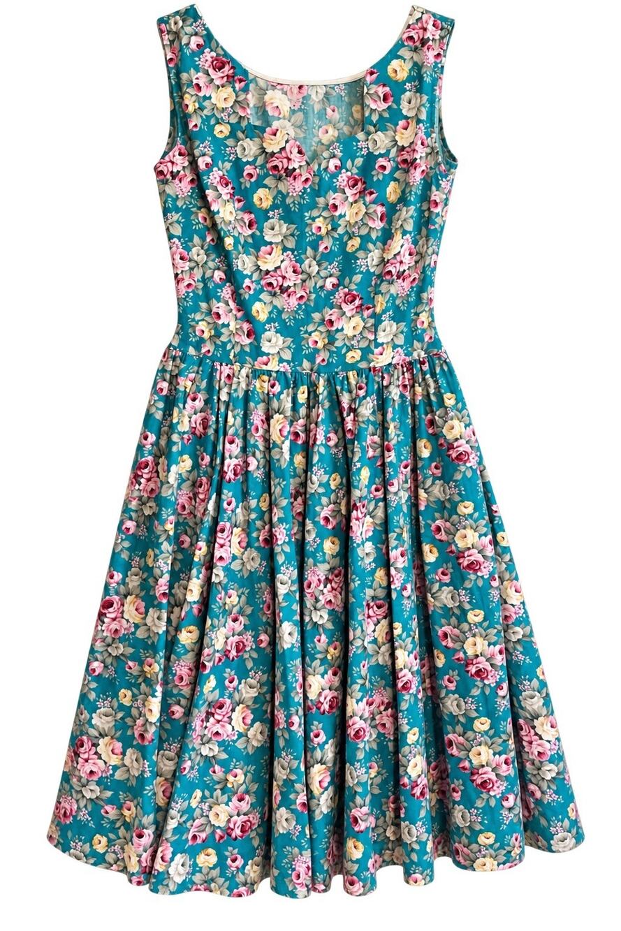 Lindy Bop Teal Floral Rose Swing Dress Cotton Fit Flare 50s Retro Rockabilly